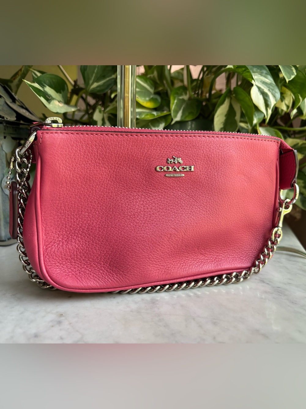 Coach Pink Pebble Leather Wristlet with Chain Strap - Picture 2 of 9